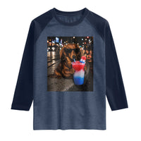4th Of July Dachshund Drinking Slushie Raglan Shirt Patriotic 250 Anniversary USA Dog Lovers Funny Meme