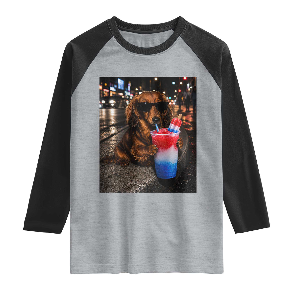 4th Of July Dachshund Drinking Slushie Raglan Shirt Patriotic 250 Anniversary USA Dog Lovers Funny Meme