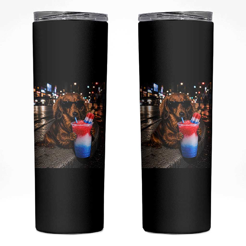 4th Of July Dachshund Drinking Slushie Skinny Tumbler Patriotic 250 Anniversary USA Dog Lovers Funny Meme