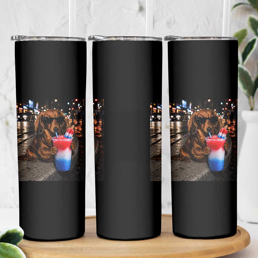 4th Of July Dachshund Drinking Slushie Skinny Tumbler Patriotic 250 Anniversary USA Dog Lovers Funny Meme