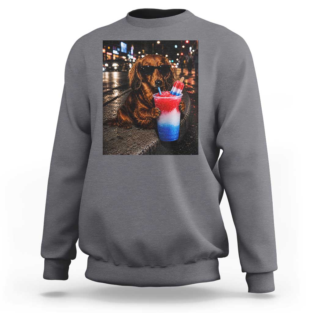 4th Of July Dachshund Drinking Slushie Sweatshirt Patriotic 250 Anniversary USA Dog Lovers Funny Meme