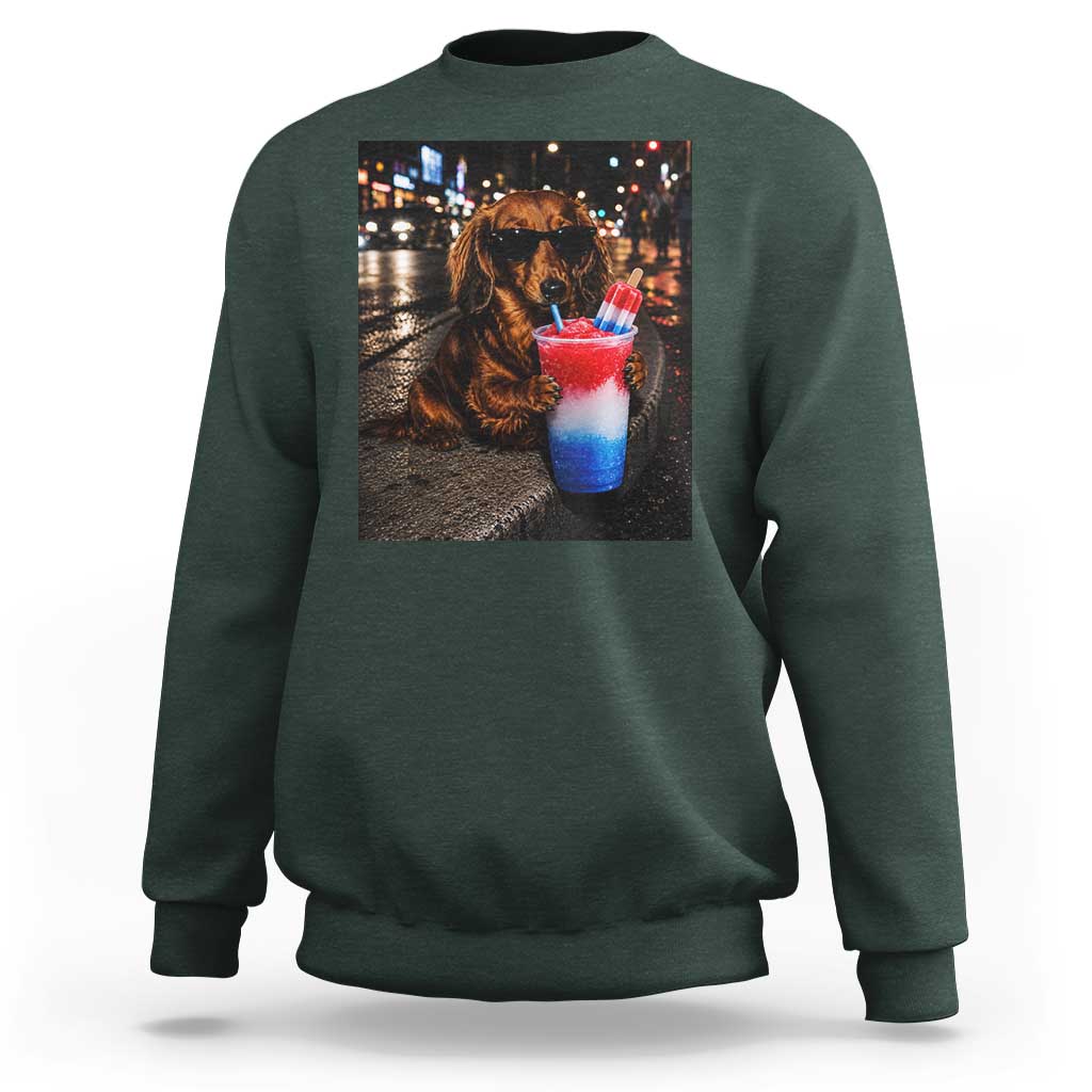 4th Of July Dachshund Drinking Slushie Sweatshirt Patriotic 250 Anniversary USA Dog Lovers Funny Meme