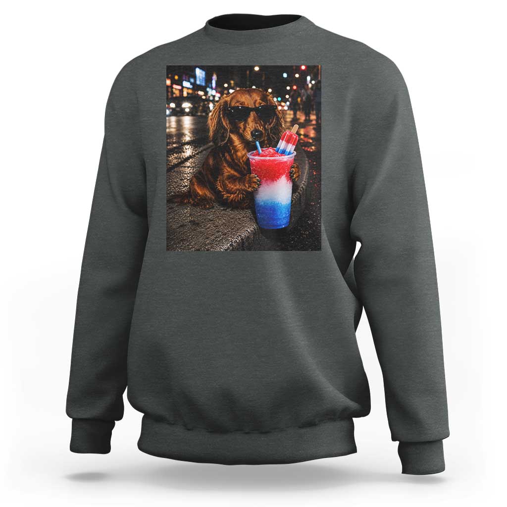 4th Of July Dachshund Drinking Slushie Sweatshirt Patriotic 250 Anniversary USA Dog Lovers Funny Meme