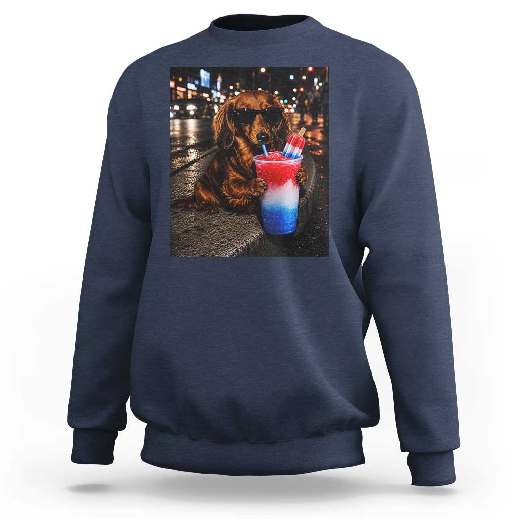 4th Of July Dachshund Drinking Slushie Sweatshirt Patriotic 250 Anniversary USA Dog Lovers Funny Meme