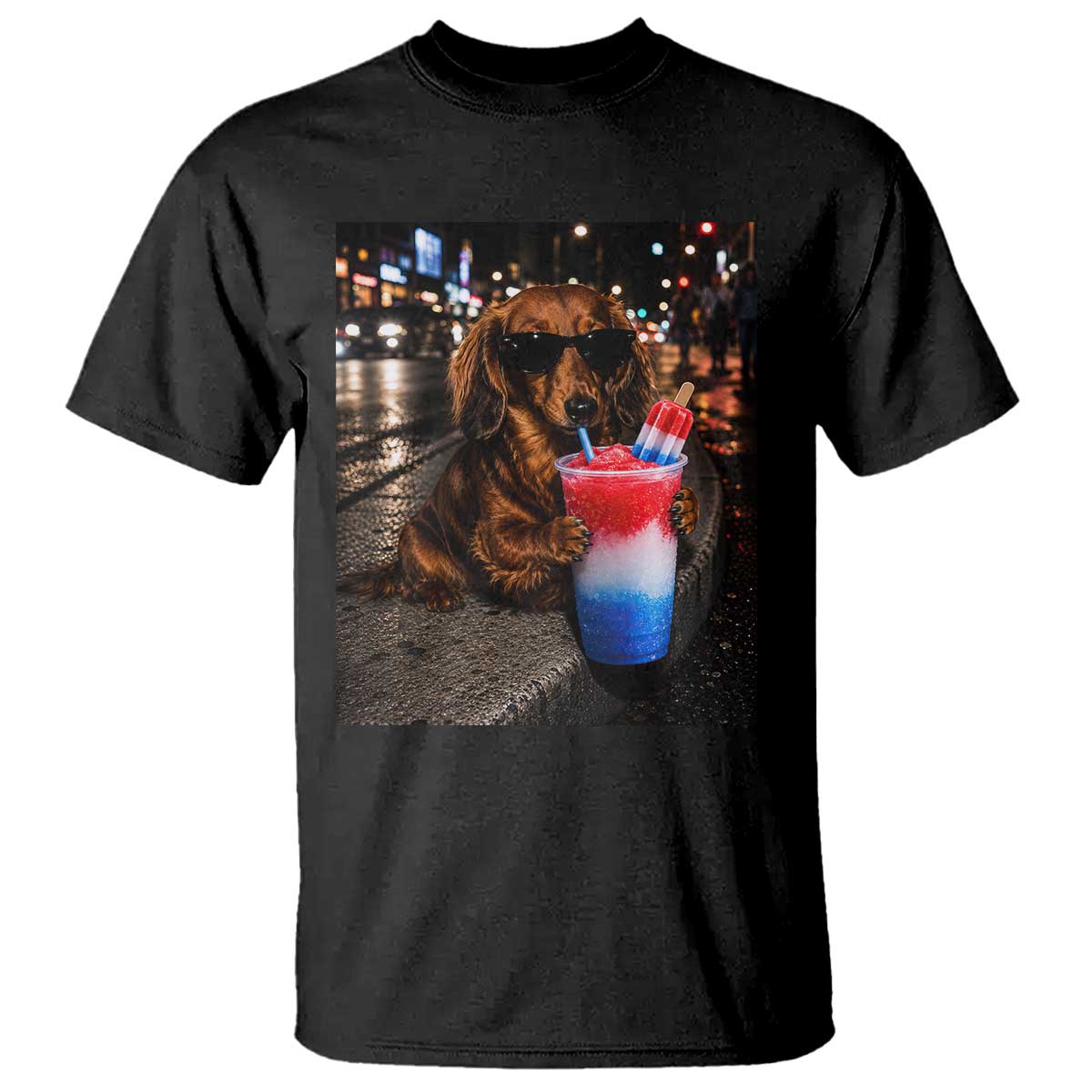 4th Of July Dachshund Drinking Slushie T Shirt Patriotic 250 Anniversary USA Dog Lovers Funny Meme