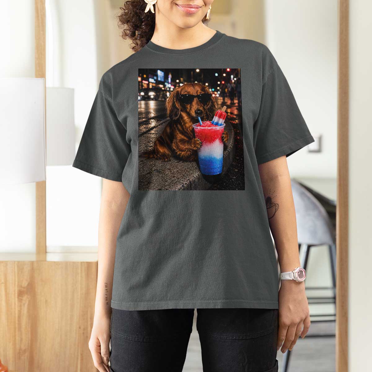 4th Of July Dachshund Drinking Slushie T Shirt For Women Patriotic 250 Anniversary USA Dog Lovers Funny Meme