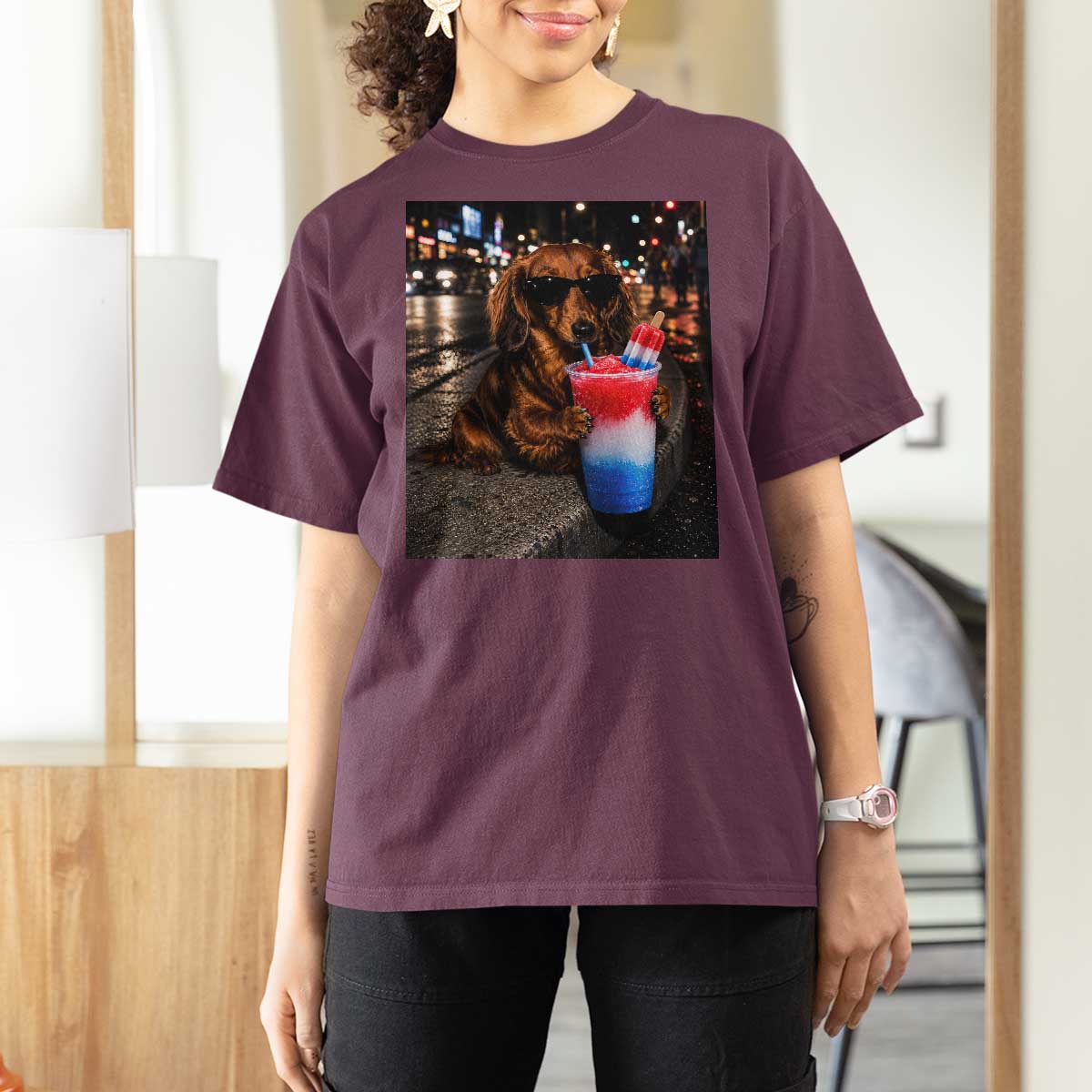 4th Of July Dachshund Drinking Slushie T Shirt For Women Patriotic 250 Anniversary USA Dog Lovers Funny Meme