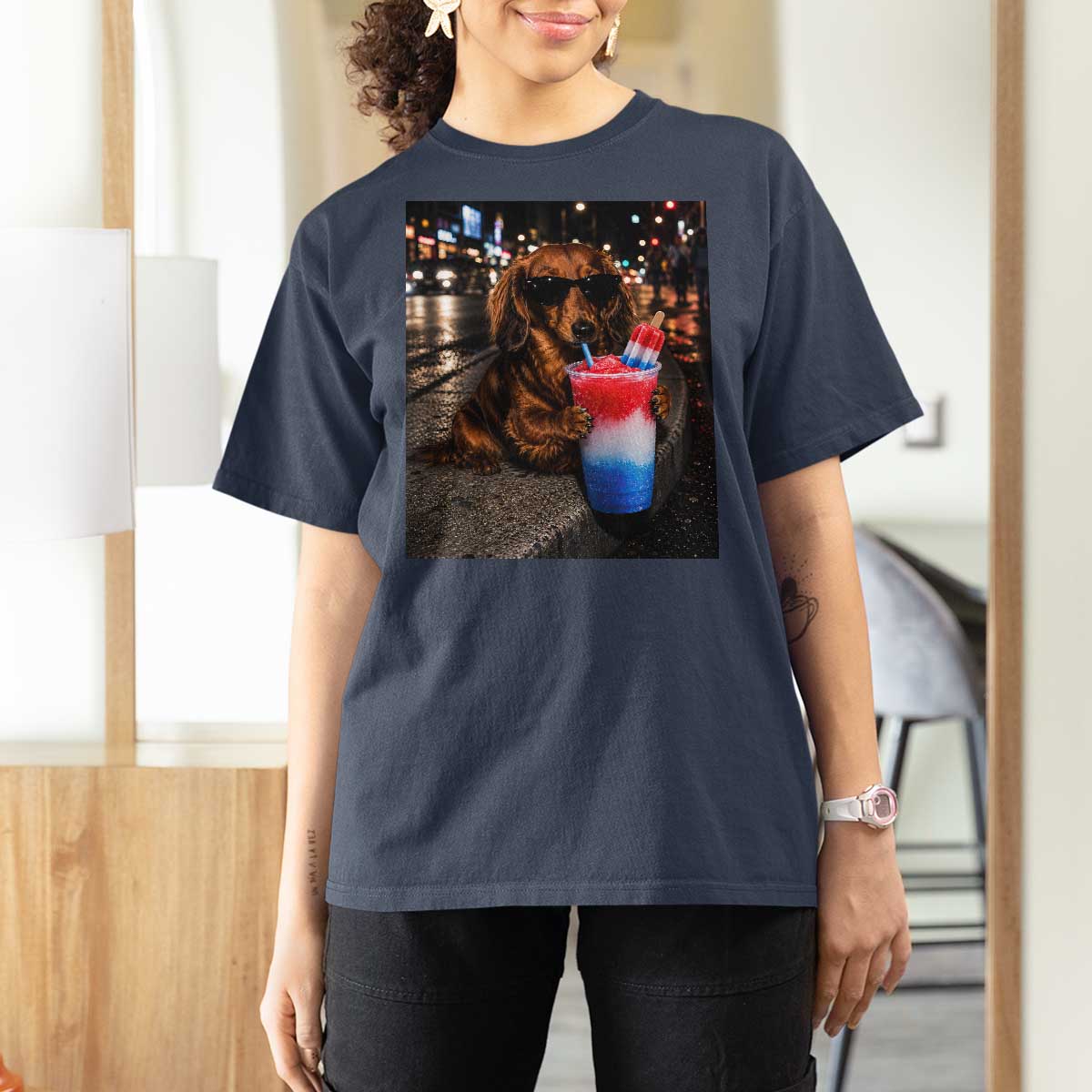 4th Of July Dachshund Drinking Slushie T Shirt For Women Patriotic 250 Anniversary USA Dog Lovers Funny Meme