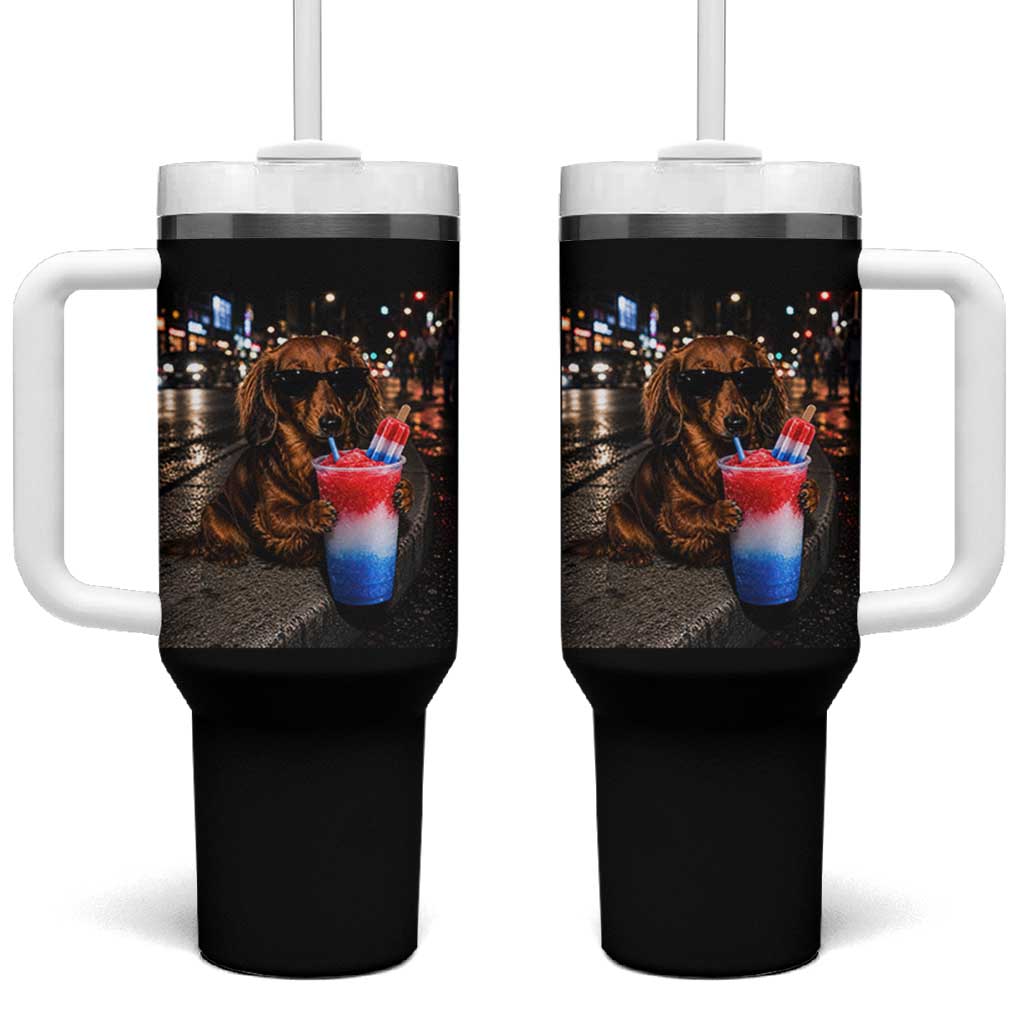 4th Of July Dachshund Drinking Slushie Tumbler With Handle Patriotic 250 Anniversary USA Dog Lovers Funny Meme