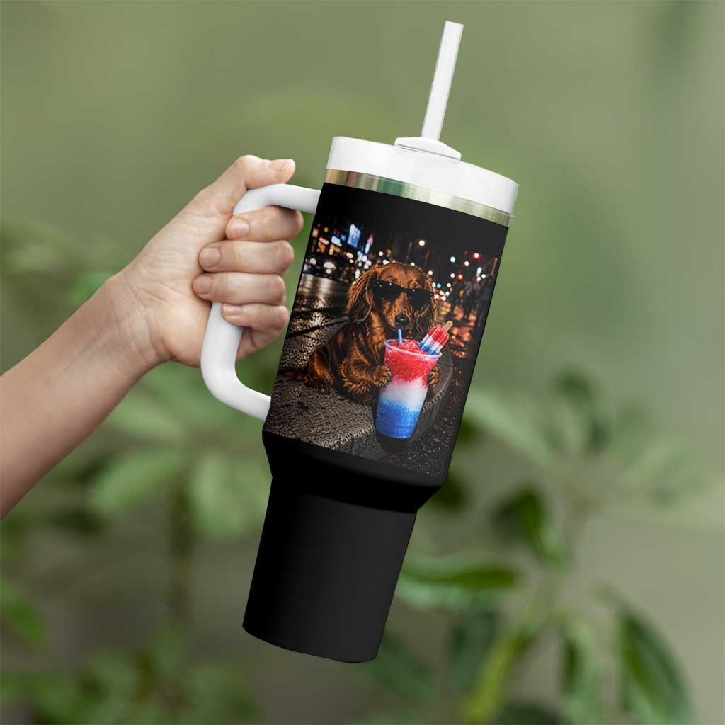 4th Of July Dachshund Drinking Slushie Tumbler With Handle Patriotic 250 Anniversary USA Dog Lovers Funny Meme