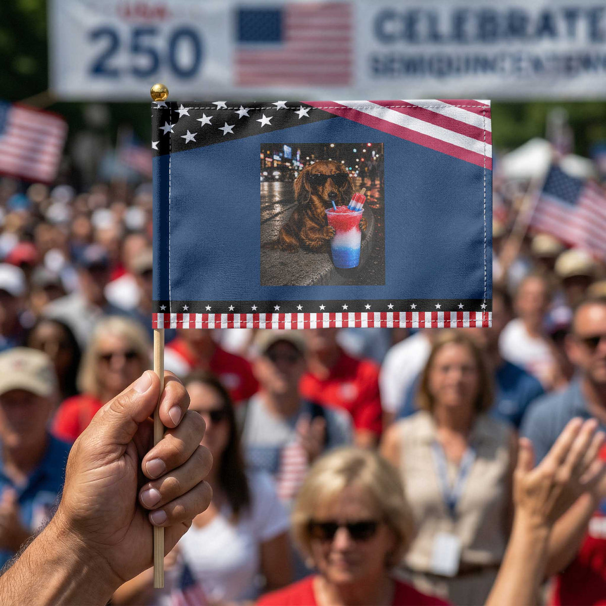 4th Of July Dachshund Drinking Slushie Patriotic Handheld Flag 250 Anniversary USA Dog Lovers Funny Meme