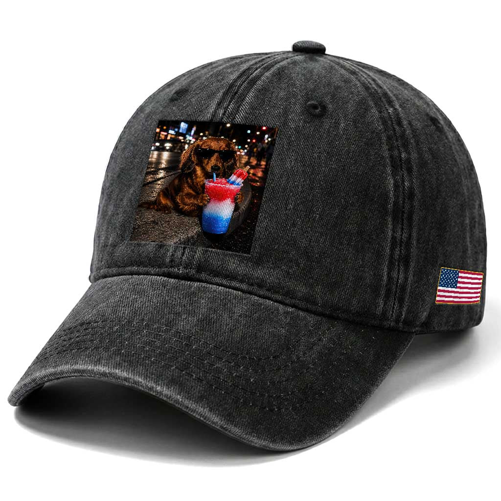 4th Of July Dachshund Drinking Slushie Washed Cotton Baseball Cap Patriotic 250 Anniversary USA Dog Lovers Funny Meme