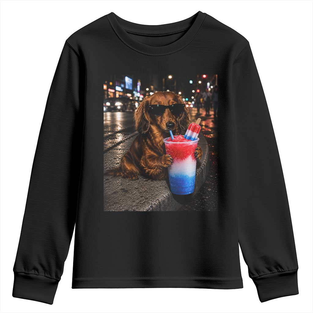 4th Of July Dachshund Drinking Slushie Youth Sweatshirt Patriotic 250 Anniversary USA Dog Lovers Funny Meme
