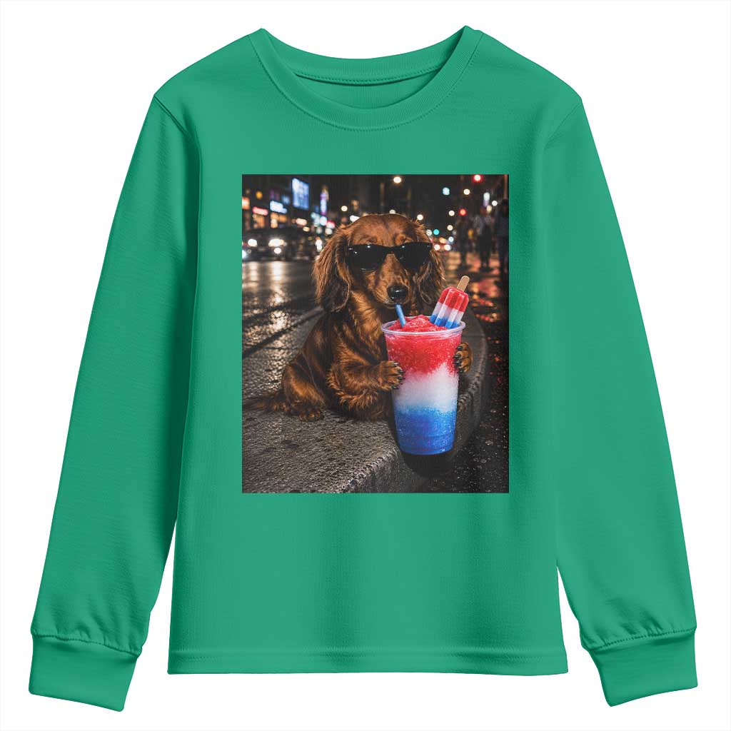 4th Of July Dachshund Drinking Slushie Youth Sweatshirt Patriotic 250 Anniversary USA Dog Lovers Funny Meme