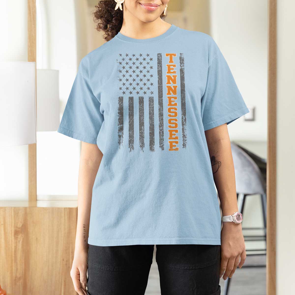 Vintage Tennessee T Shirt For Women Retro Orange TN American Flag Patriotic US State