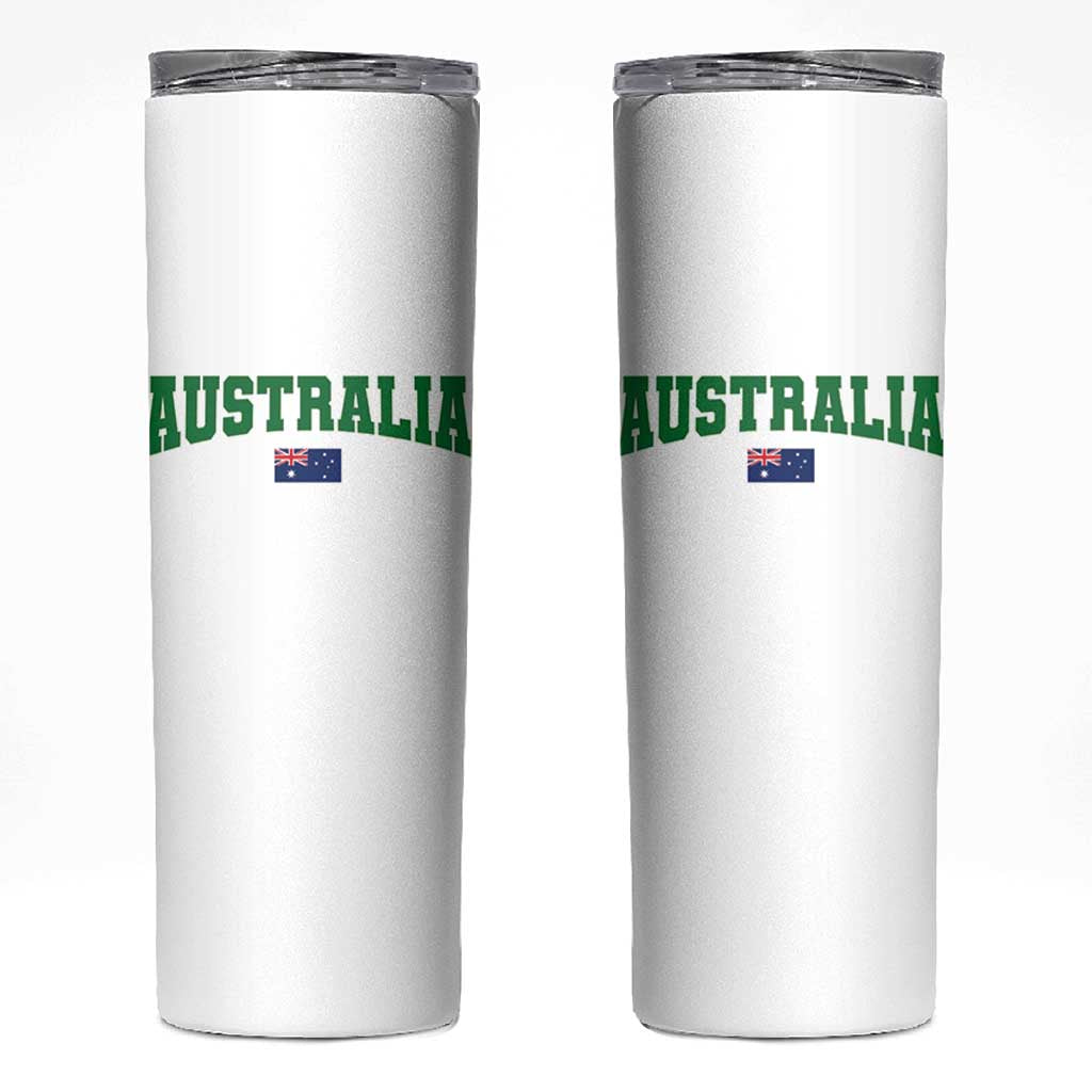Green Yellow Australia Skinny Tumbler Down Under Team Australia Flag Varsity Lettering Soccer Fans Football Tournament