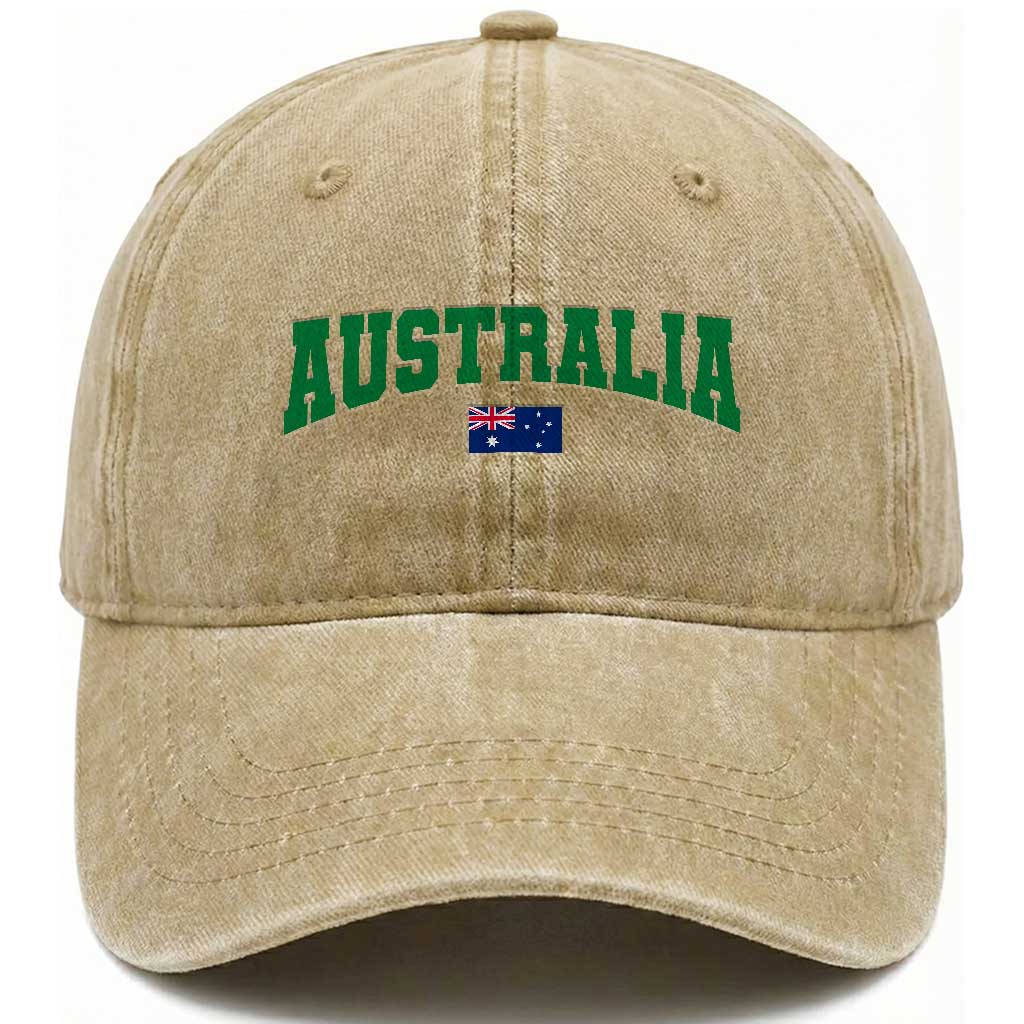 Green Yellow Australia Washed Cotton Baseball Cap Down Under Team Australia Flag Varsity Lettering Soccer Fans Football Tournament