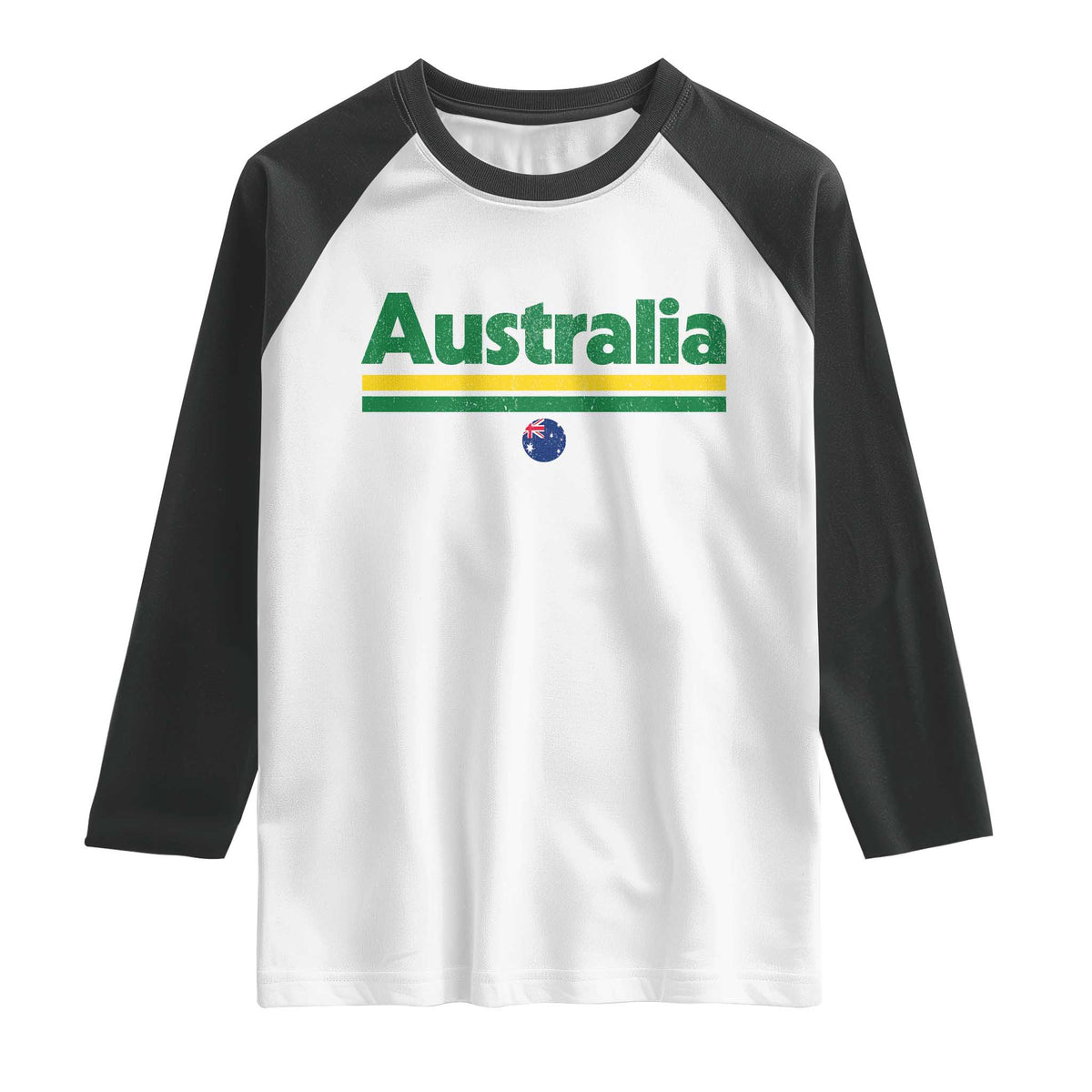 Australia Fan Raglan Shirt Retro Vintage Flag Green Yellow Country Pride Distressed Graphic