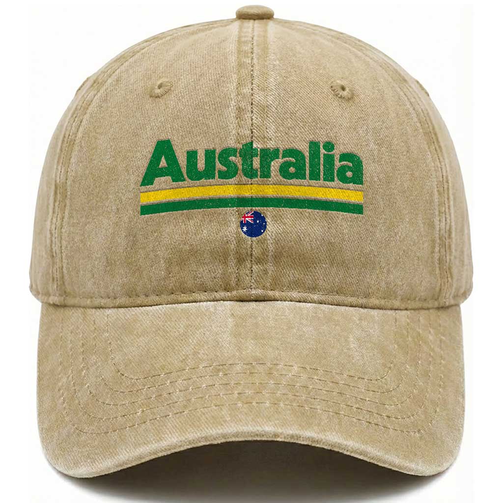 Australia Fan Washed Cotton Baseball Cap Retro Vintage Flag Green Yellow Country Pride Distressed Graphic