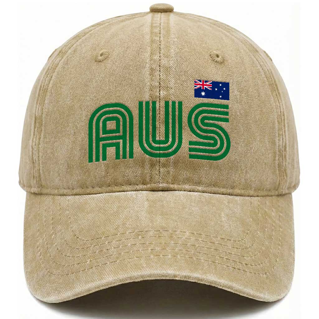 Retro Australia Washed Cotton Baseball Cap AUS Green Australian Flag Country Pride Graphic