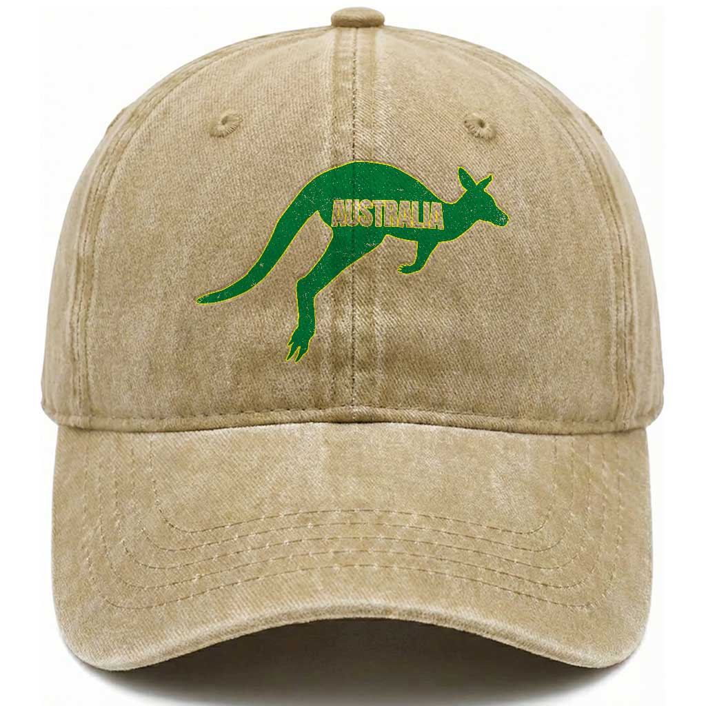 Vintage Kangaroo Australia Washed Cotton Baseball Cap Patriotic Country Pride Graphic Aussie Roo Kangaroo