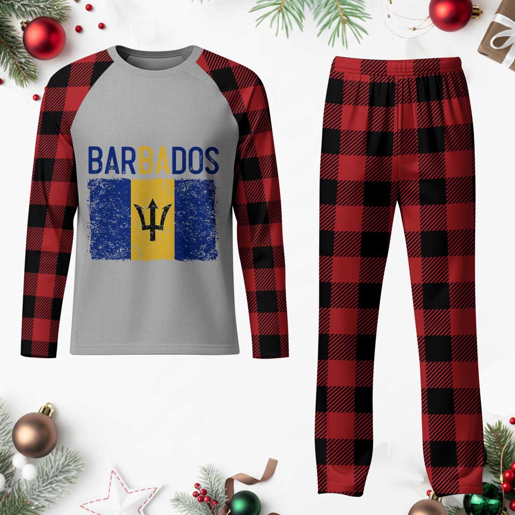 Vintage Distressed Barbados Flag Plaid Pajama Set Bajan Caribbean Heritage Patriotic Pride Gift