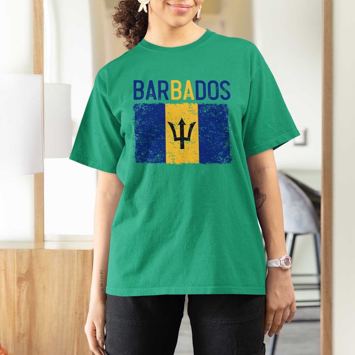 Vintage Distressed Barbados Flag T Shirt For Women Bajan Caribbean Heritage Patriotic Pride Gift