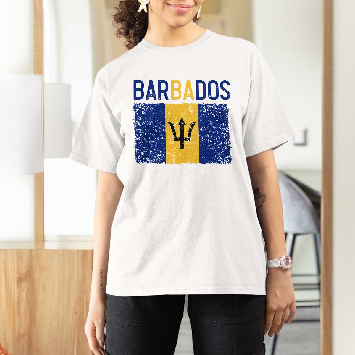 Vintage Distressed Barbados Flag T Shirt For Women Bajan Caribbean Heritage Patriotic Pride Gift