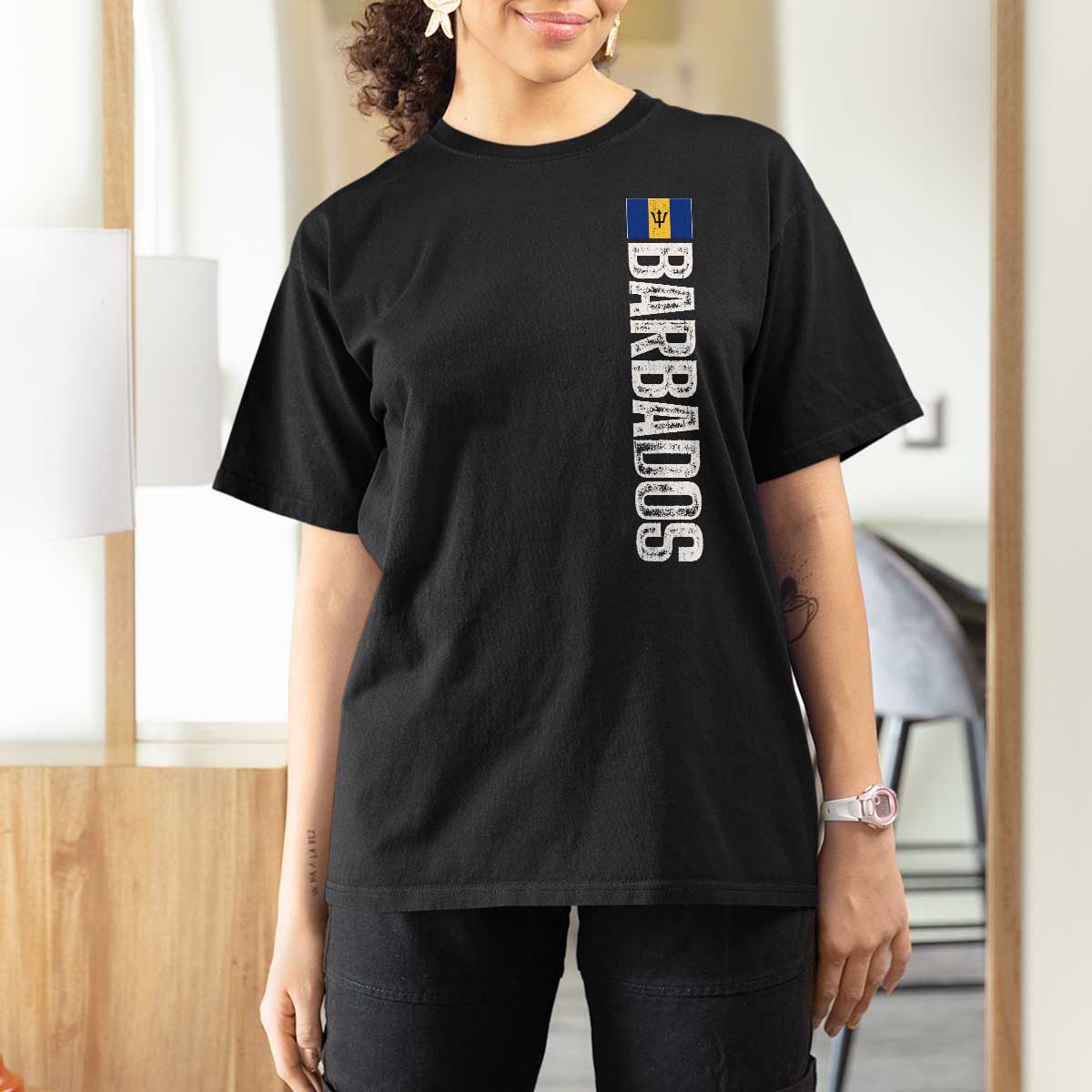 Barbados Flag T Shirt For Women Distressed Vertical Typography Caribbean Island Pride Heritage Gift