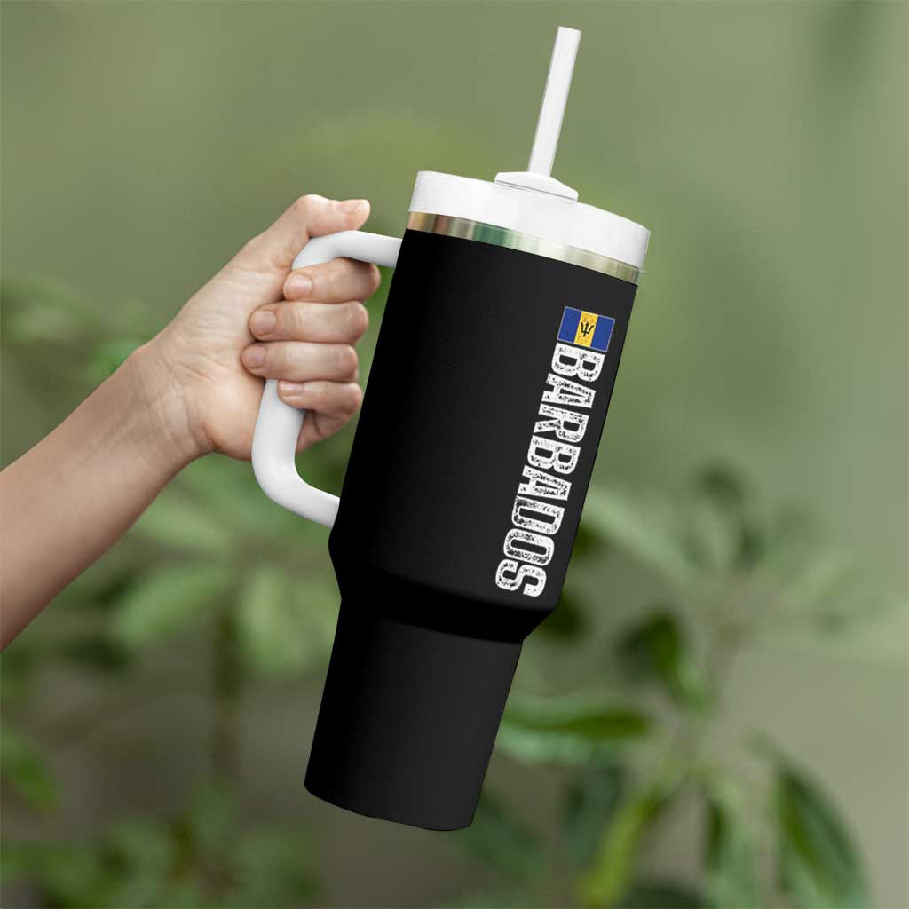 Barbados Flag Tumbler With Handle Distressed Vertical Typography Caribbean Island Pride Heritage Gift