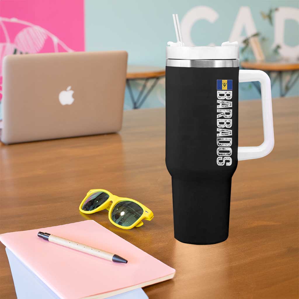Barbados Flag Tumbler With Handle Distressed Vertical Typography Caribbean Island Pride Heritage Gift