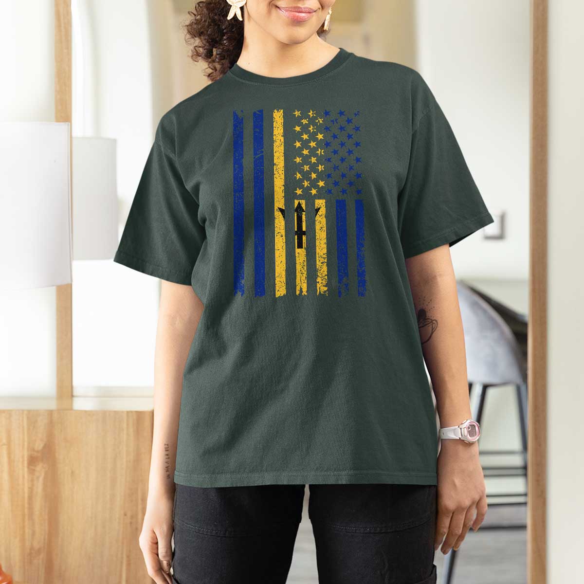 Barbados American Flag T Shirt For Women Distressed Barbadian Pride Patriotic Heritage Gift