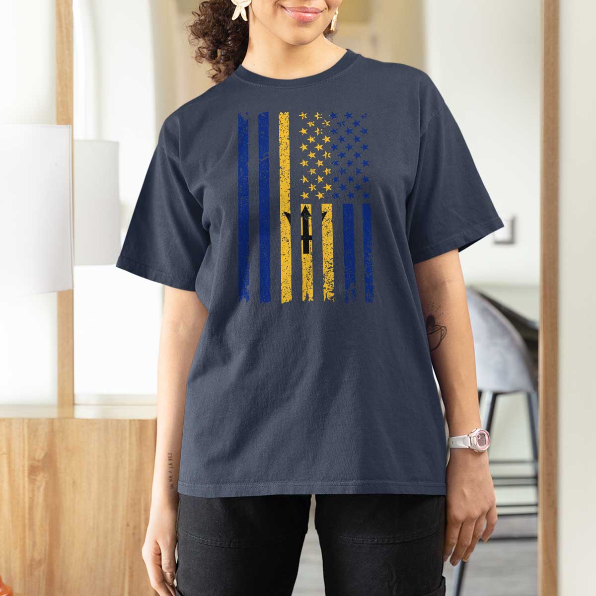 Barbados American Flag T Shirt For Women Distressed Barbadian Pride Patriotic Heritage Gift