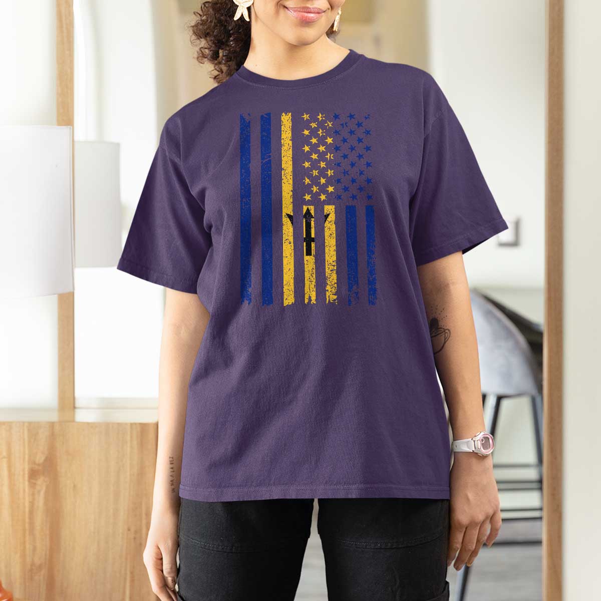 Barbados American Flag T Shirt For Women Distressed Barbadian Pride Patriotic Heritage Gift