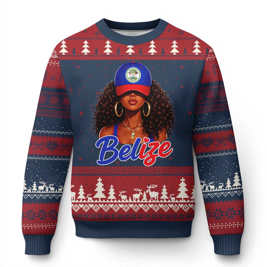 Belize Princess Ugly Christmas Sweater Melanin Afro Girl Belize Flag Heritage Gift for Black Girls
