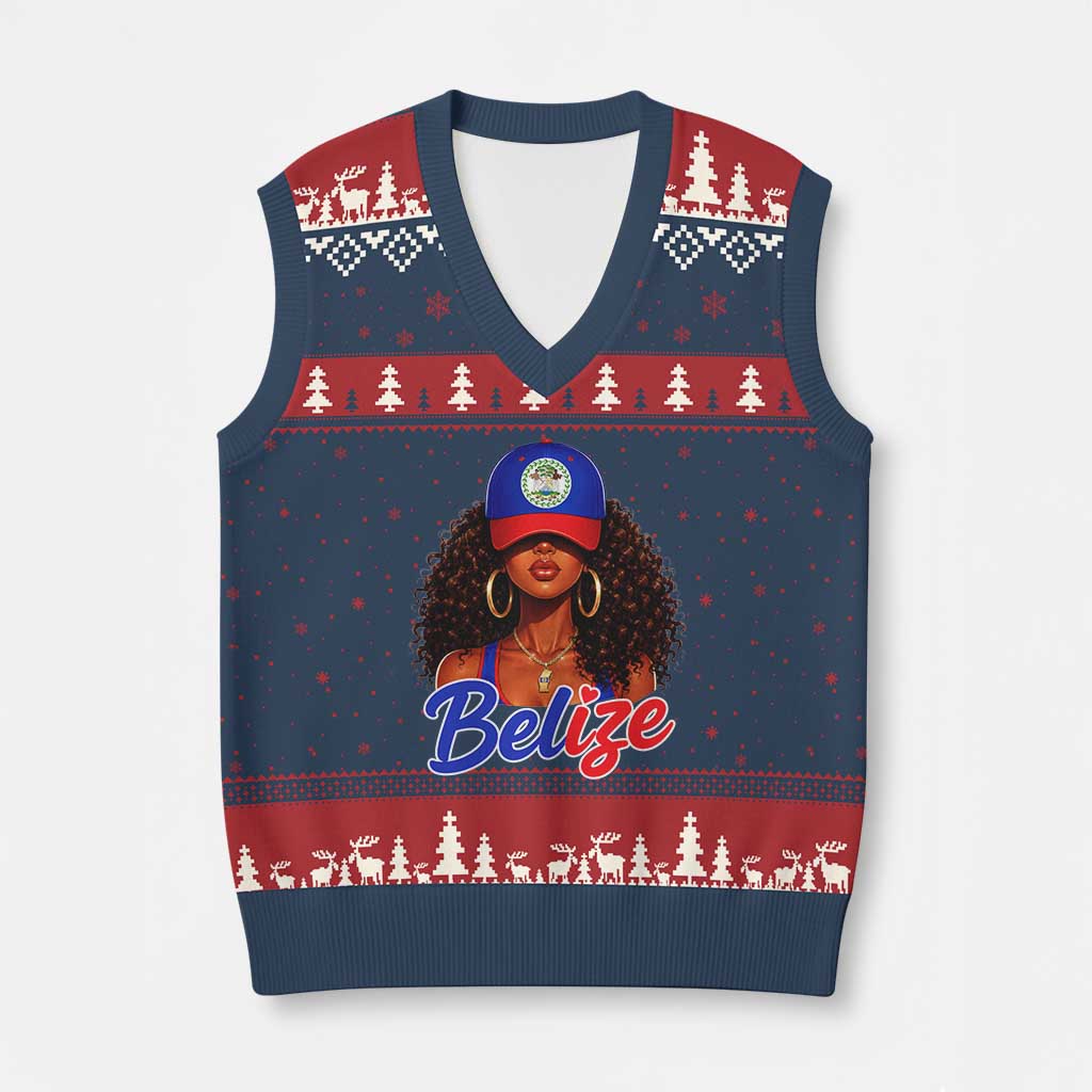 Belize Princess V-Neck Knit Sweater Vest Melanin Afro Girl Belize Flag Heritage Gift for Black Girls