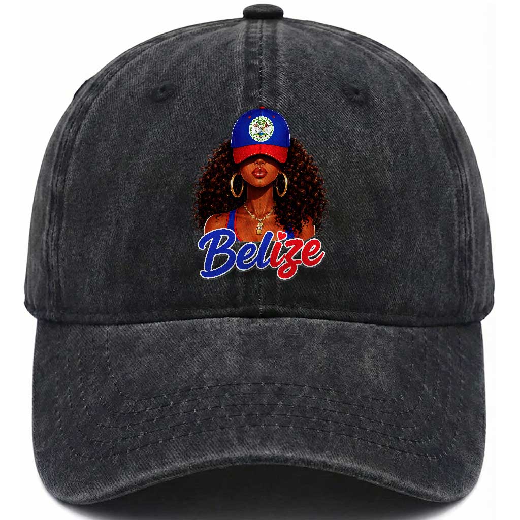 Belize Princess Washed Cotton Baseball Cap Melanin Afro Girl Belize Flag Heritage Gift for Black Girls