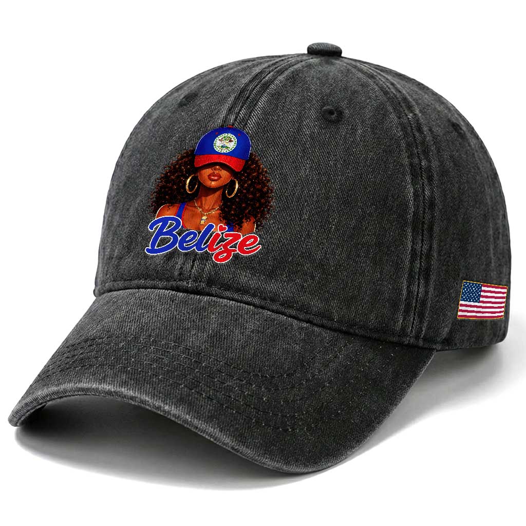 Belize Princess Washed Cotton Baseball Cap Melanin Afro Girl Belize Flag Heritage Gift for Black Girls