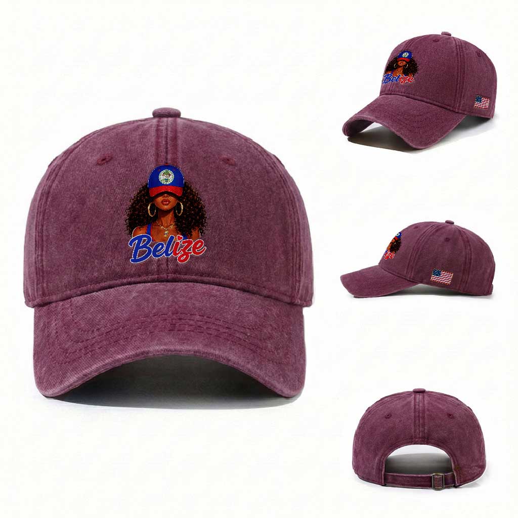 Belize Princess Washed Cotton Baseball Cap Melanin Afro Girl Belize Flag Heritage Gift for Black Girls