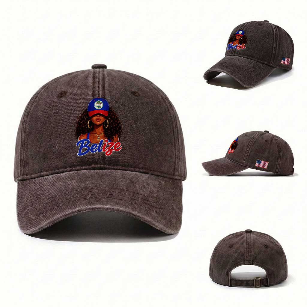 Belize Princess Washed Cotton Baseball Cap Melanin Afro Girl Belize Flag Heritage Gift for Black Girls