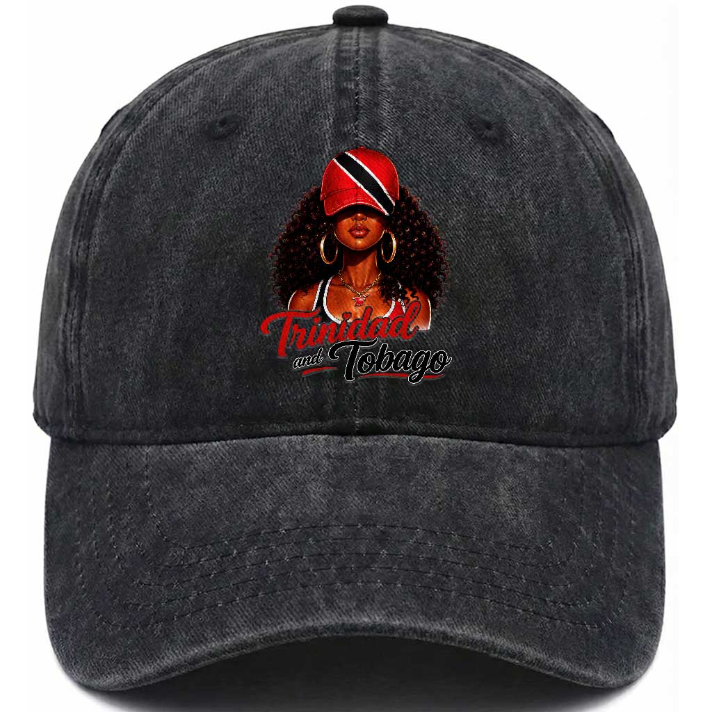 Trinidad and Tobago Afro Girl Washed Cotton Baseball Cap Trini Black Queen Caribbean Pride Heritage Gift