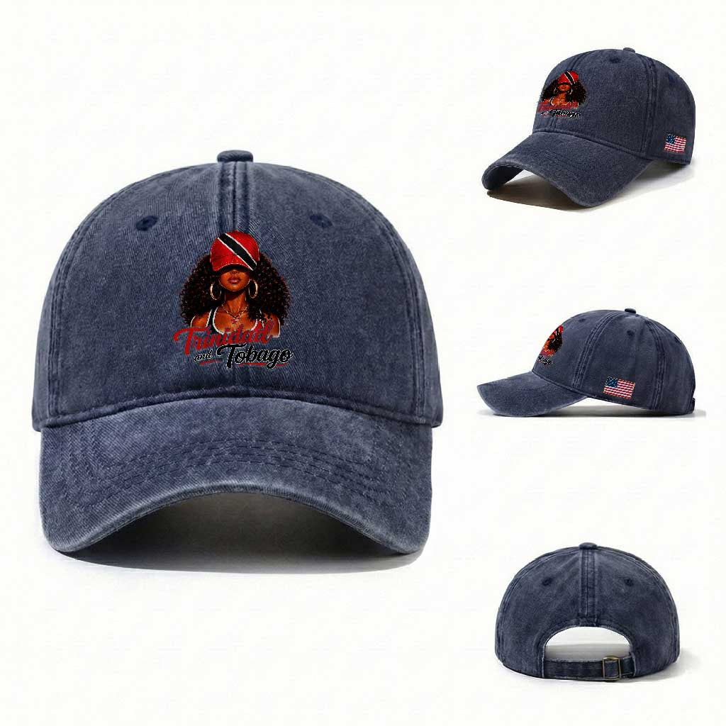 Trinidad and Tobago Afro Girl Washed Cotton Baseball Cap Trini Black Queen Caribbean Pride Heritage Gift