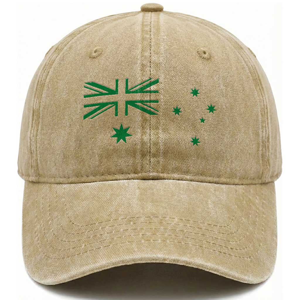 Green Australian Flag Washed Cotton Baseball Cap Australia Patriotic Country Pride Monochrome Minimalist Graphic