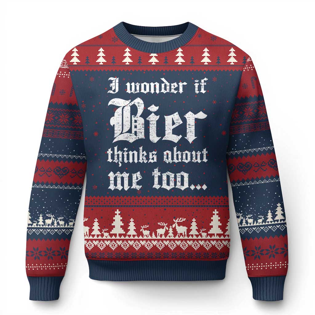Funny Oktoberfest Ugly Christmas Sweater I Wonder If Bier Thinks About Me Too Sarcastic Drinking - Wonder Print Shop