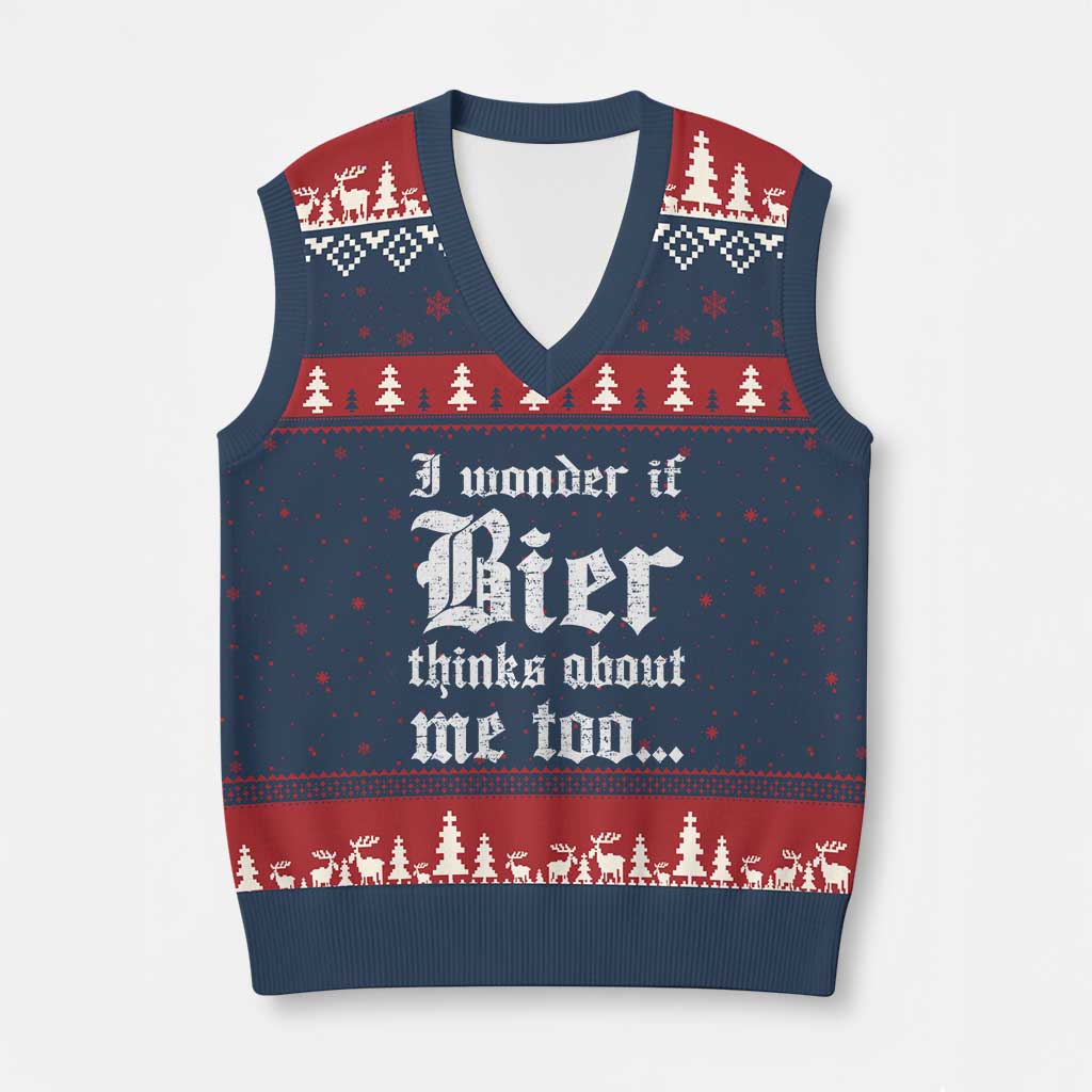 Funny Oktoberfest V-Neck Knit Sweater Vest I Wonder If Bier Thinks About Me Too Sarcastic Drinking - Wonder Print Shop