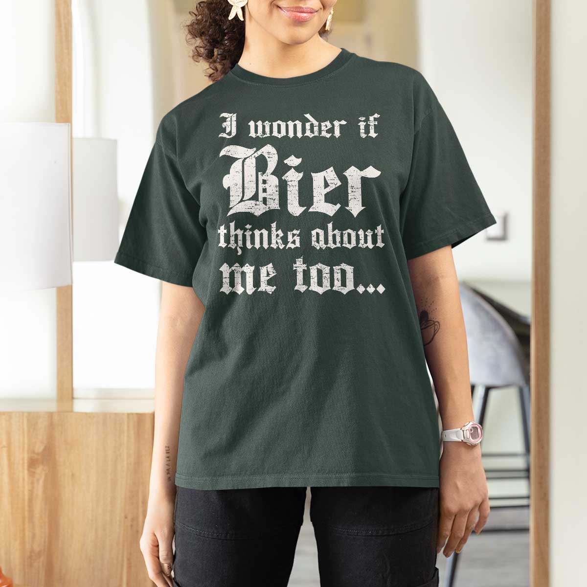 Funny Oktoberfest T Shirt For Women I Wonder If Bier Thinks About Me Too Sarcastic Drinking - Wonder Print Shop