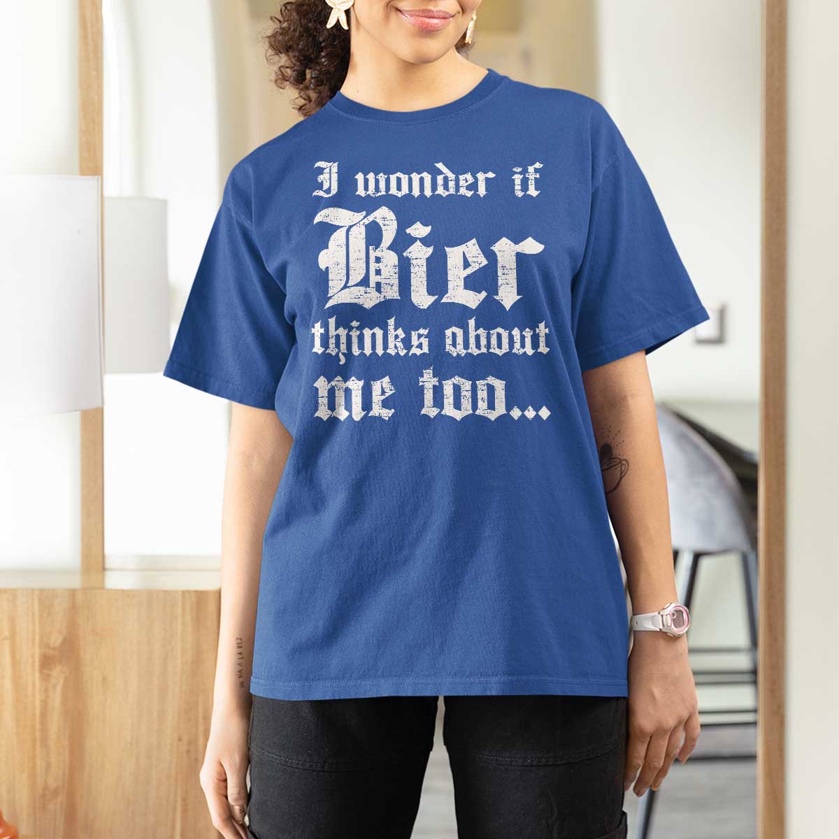 Funny Oktoberfest T Shirt For Women I Wonder If Bier Thinks About Me Too Sarcastic Drinking - Wonder Print Shop