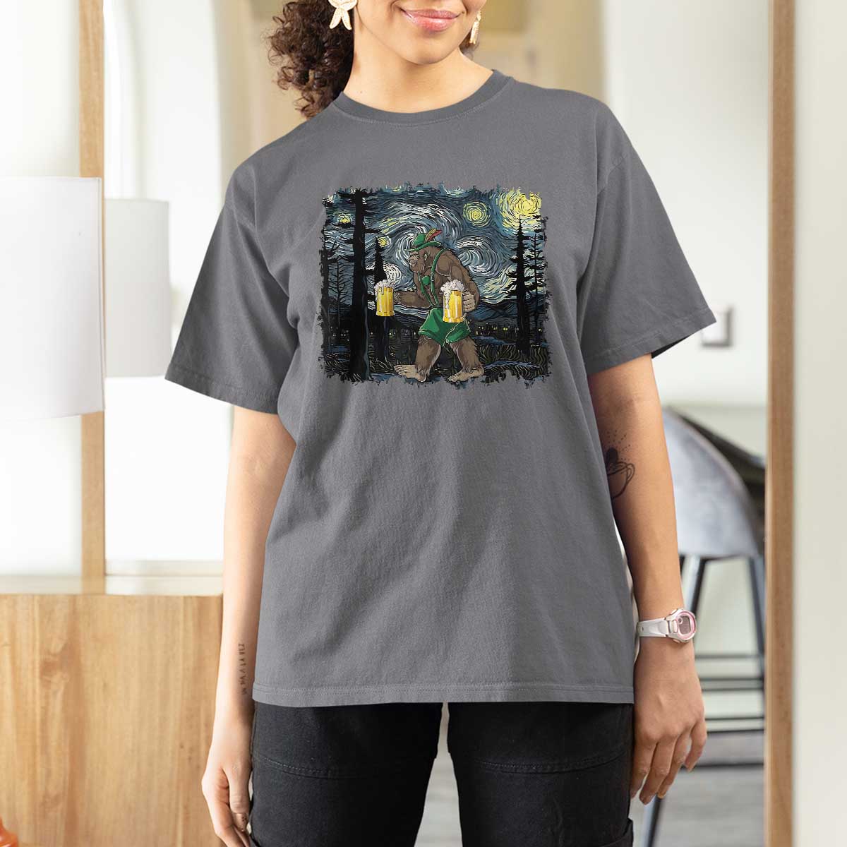 Funny Oktoberfest Bigfoot T Shirt For Women Starry Night German Sasquatch Beer Lederhose - Wonder Print Shop