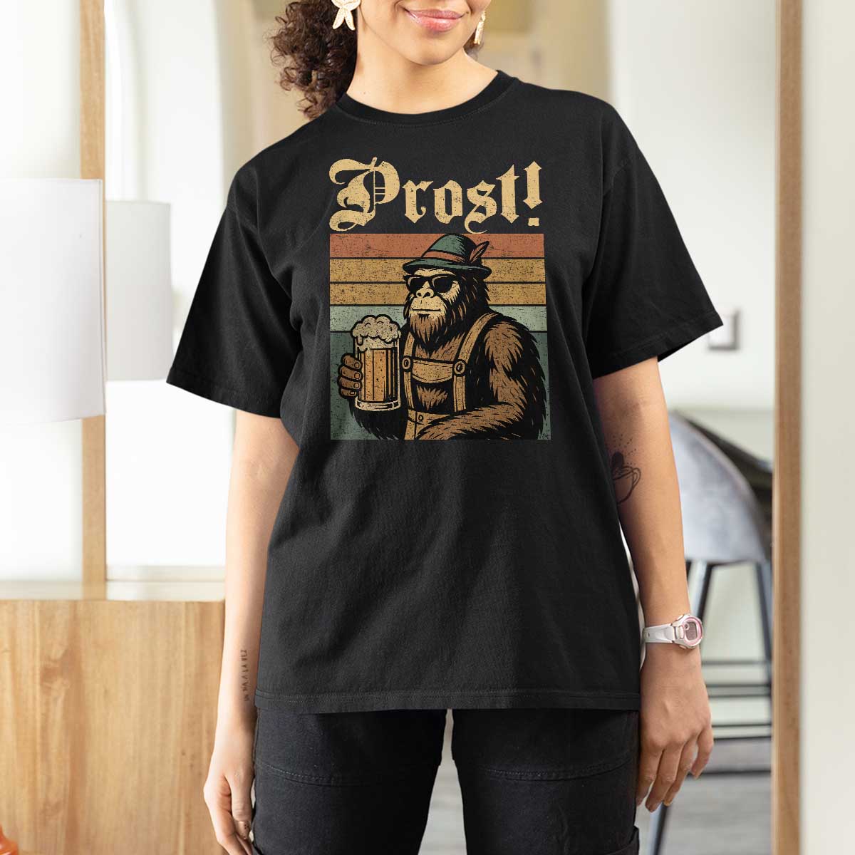 Oktoberfest Bigfoot T Shirt For Women Vintage German Sasquatch Drinking Prost Lederhose - Wonder Print Shop