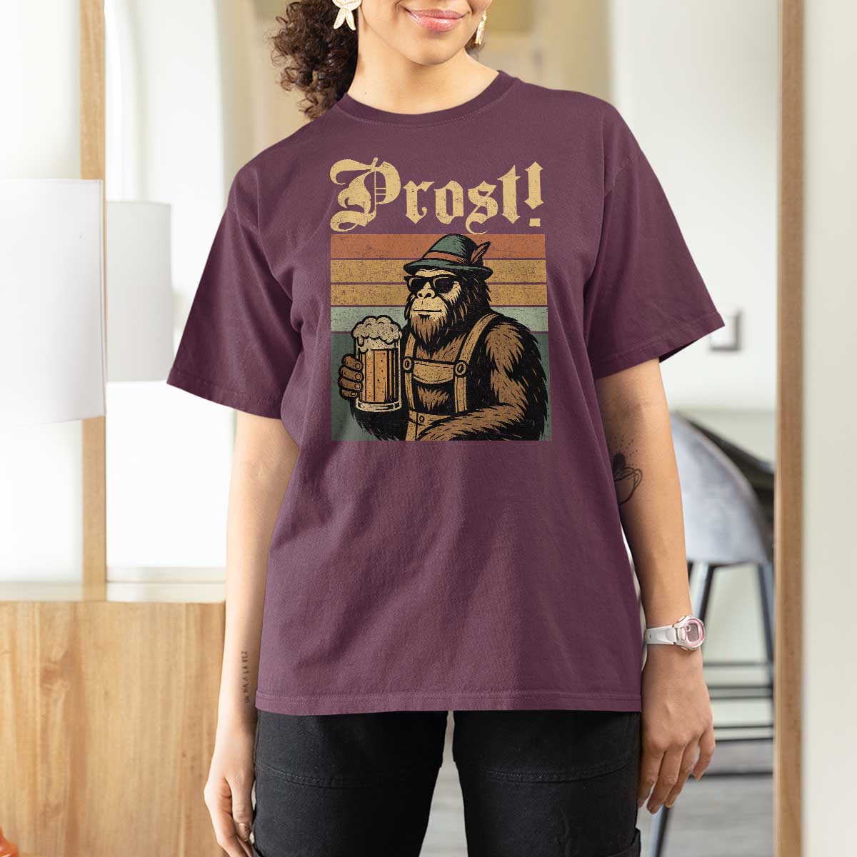 Oktoberfest Bigfoot T Shirt For Women Vintage German Sasquatch Drinking Prost Lederhose - Wonder Print Shop